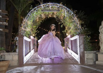 A woman in a purple wedding dress poses under a lit up arch on a small bridge
